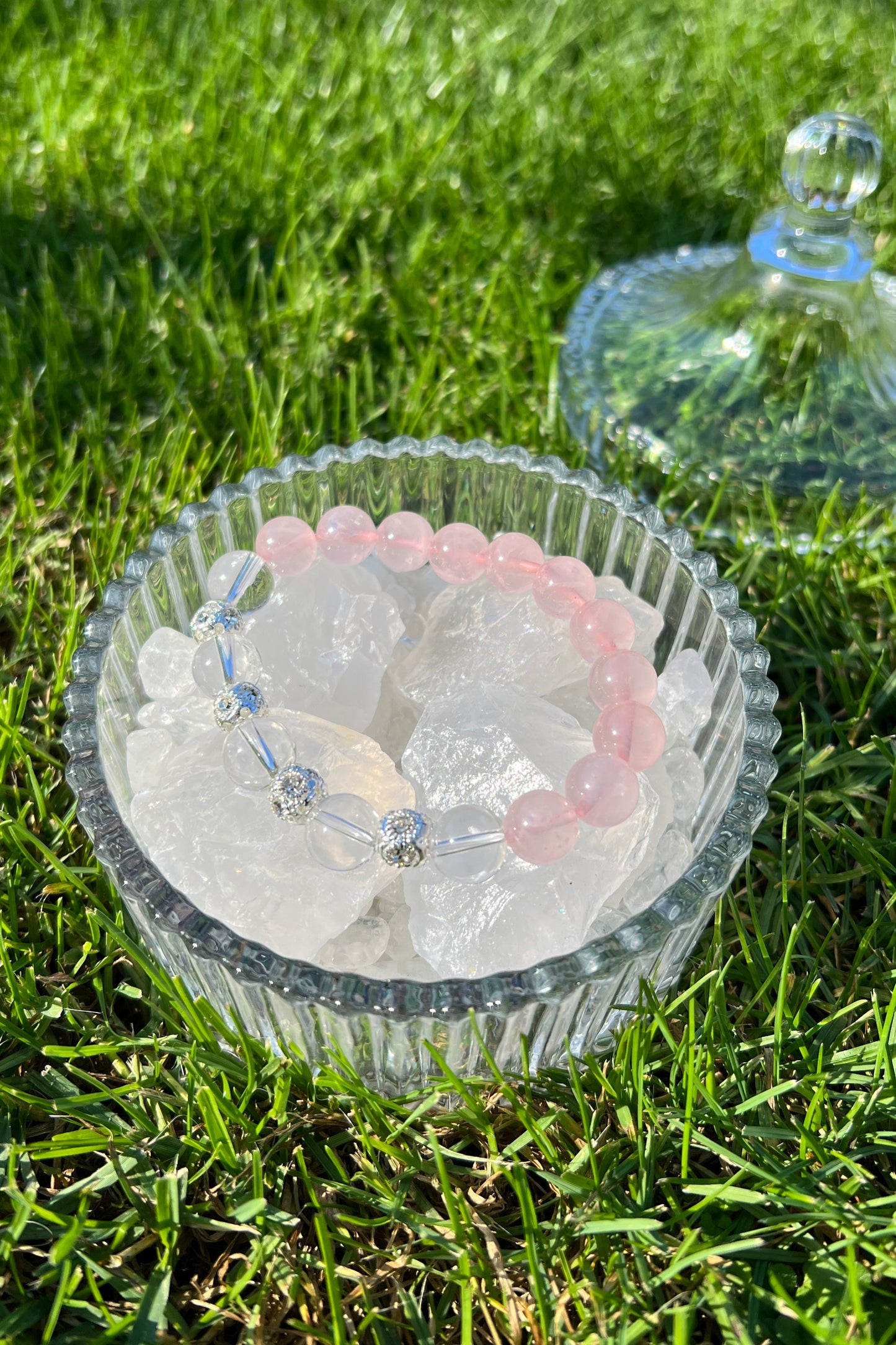 Handmade rose quartz, clear quartz crystal bracelet, beaded jewelry for healing energy and a thoughtful gift for her.