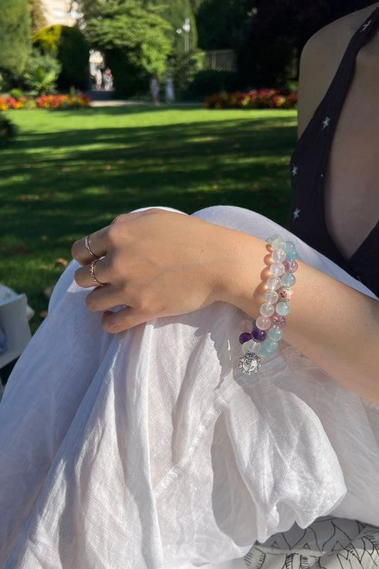 Bluemoon quartz, aquamarine crystal bracelet, healing energy jewelry