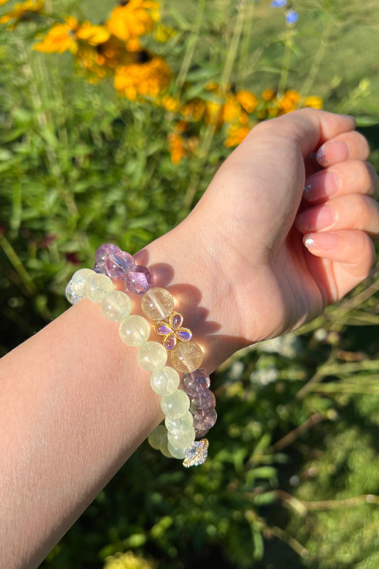 Green grape quartz, purple azeztulite crystal bracelet, healing energy jewelry