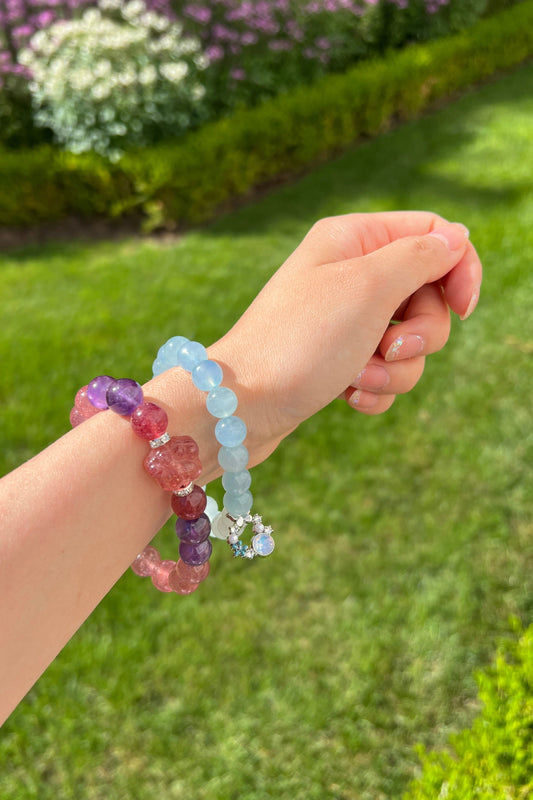 Strawberry quartz, aquamarine crystal bracelet, healing energy jewelry