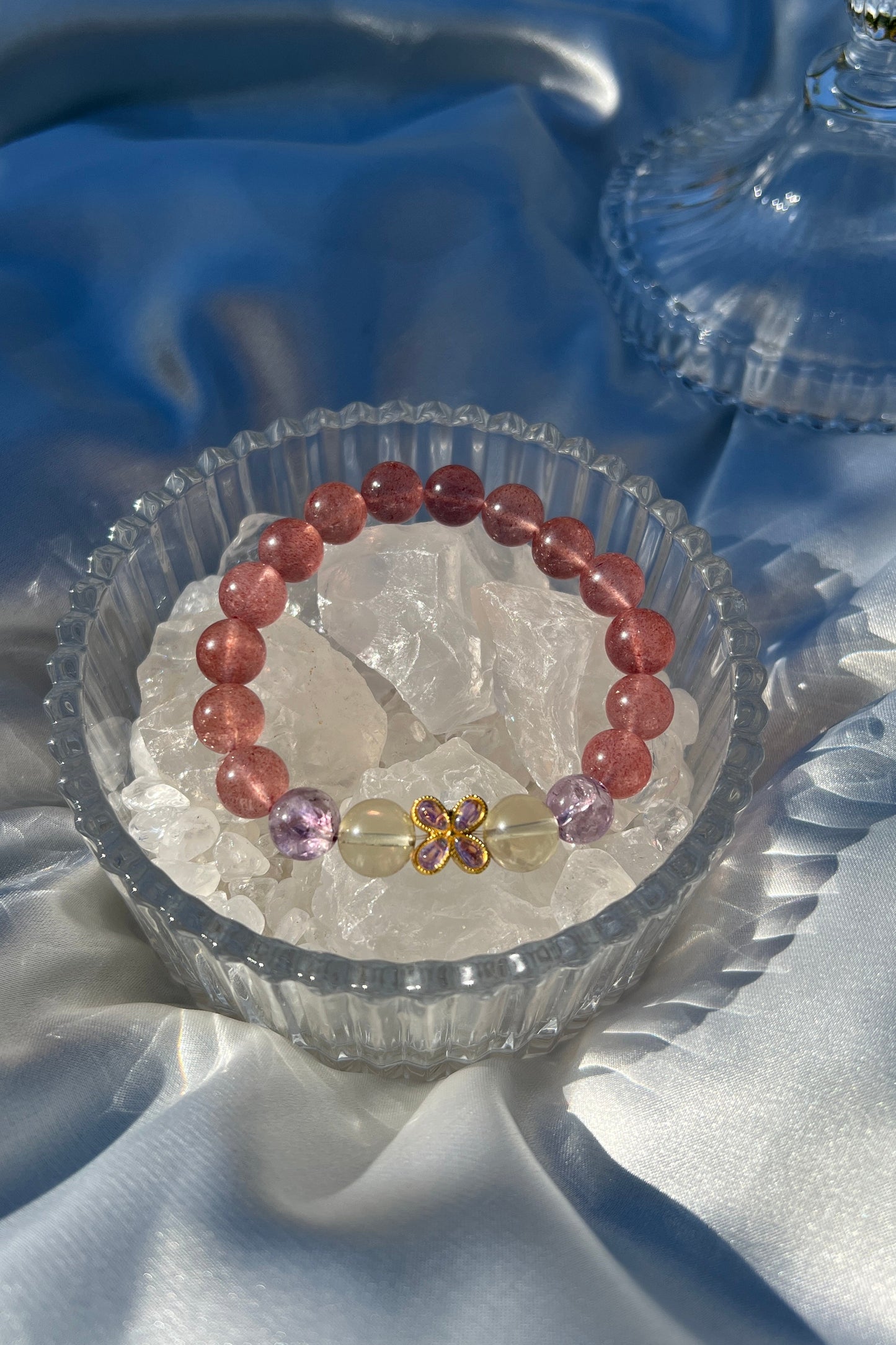 Handmade strawberry quartz, purple azeztulite, citrine crystal bracelet, beaded jewelry for healing energy and a thoughtful gift for her.