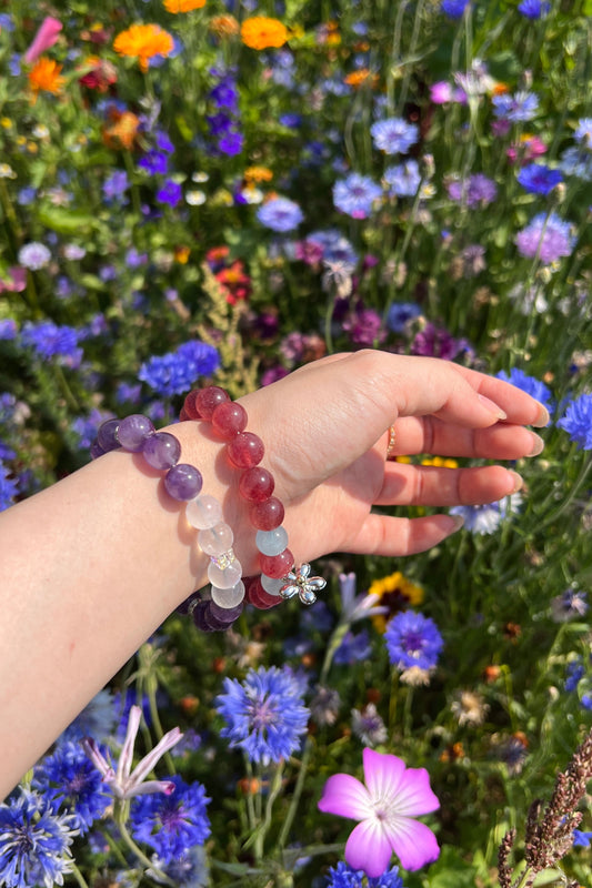 Amethyst, red strawberry quartz crystal bracelet, healing energy jewelry