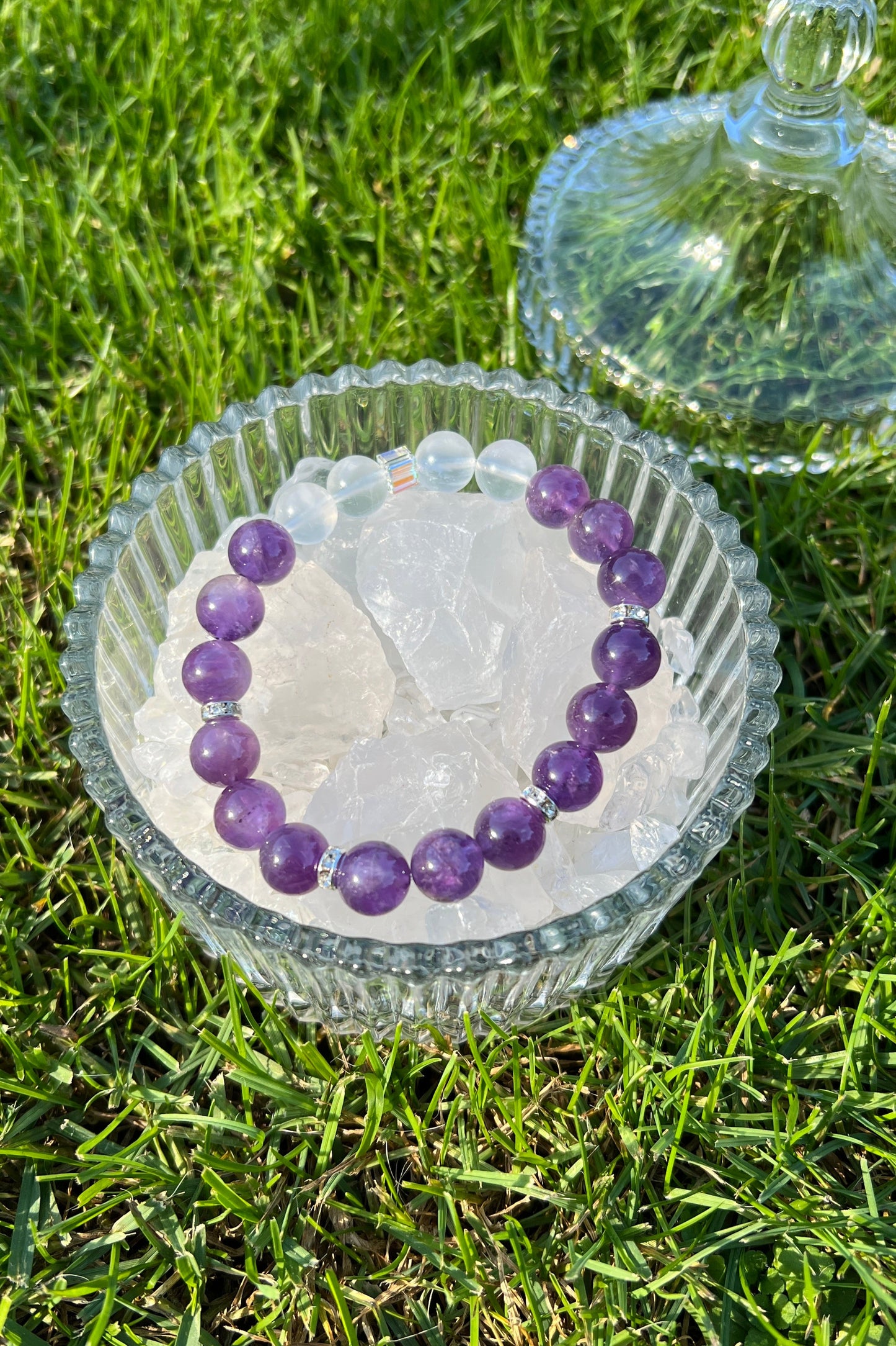 Handmade amethyst, bluemoon quartz crystal bracelet, beaded jewelry for healing energy and a thoughtful gift for her.