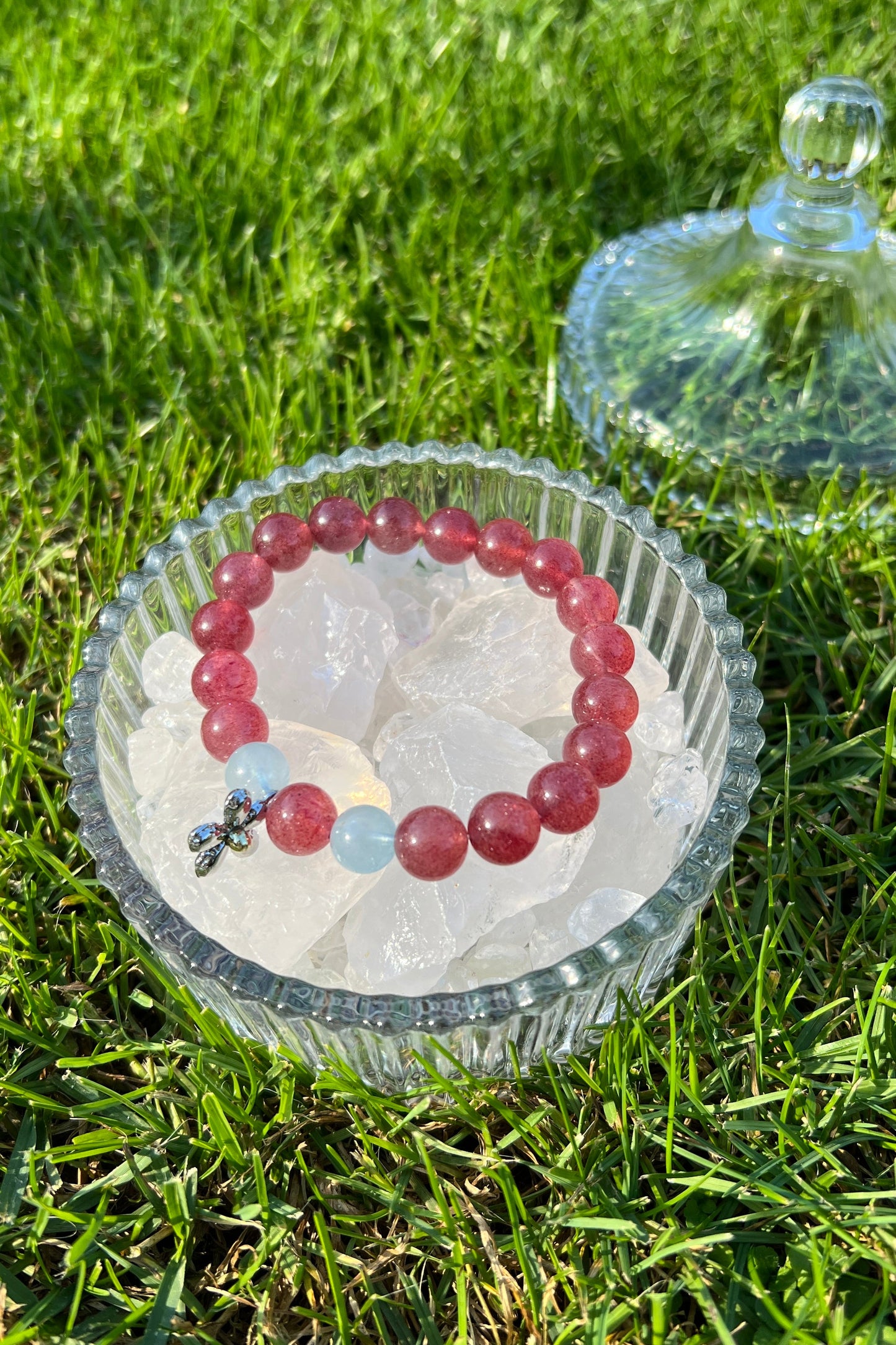 Handmade red strawberry quartz crystal bracelet, beaded jewelry for healing energy and a thoughtful gift for her.