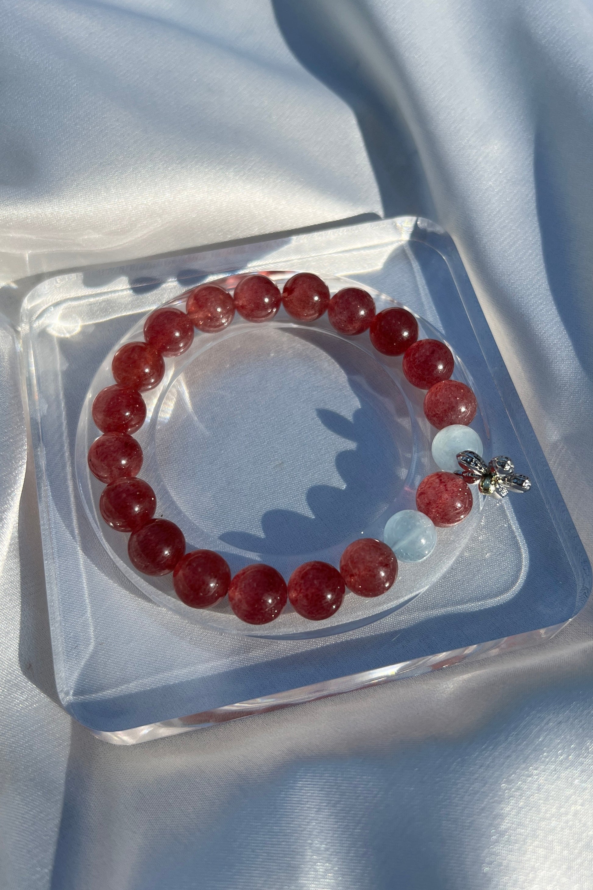 Handmade red strawberry quartz crystal bracelet, beaded jewelry for healing energy and a thoughtful gift for her.