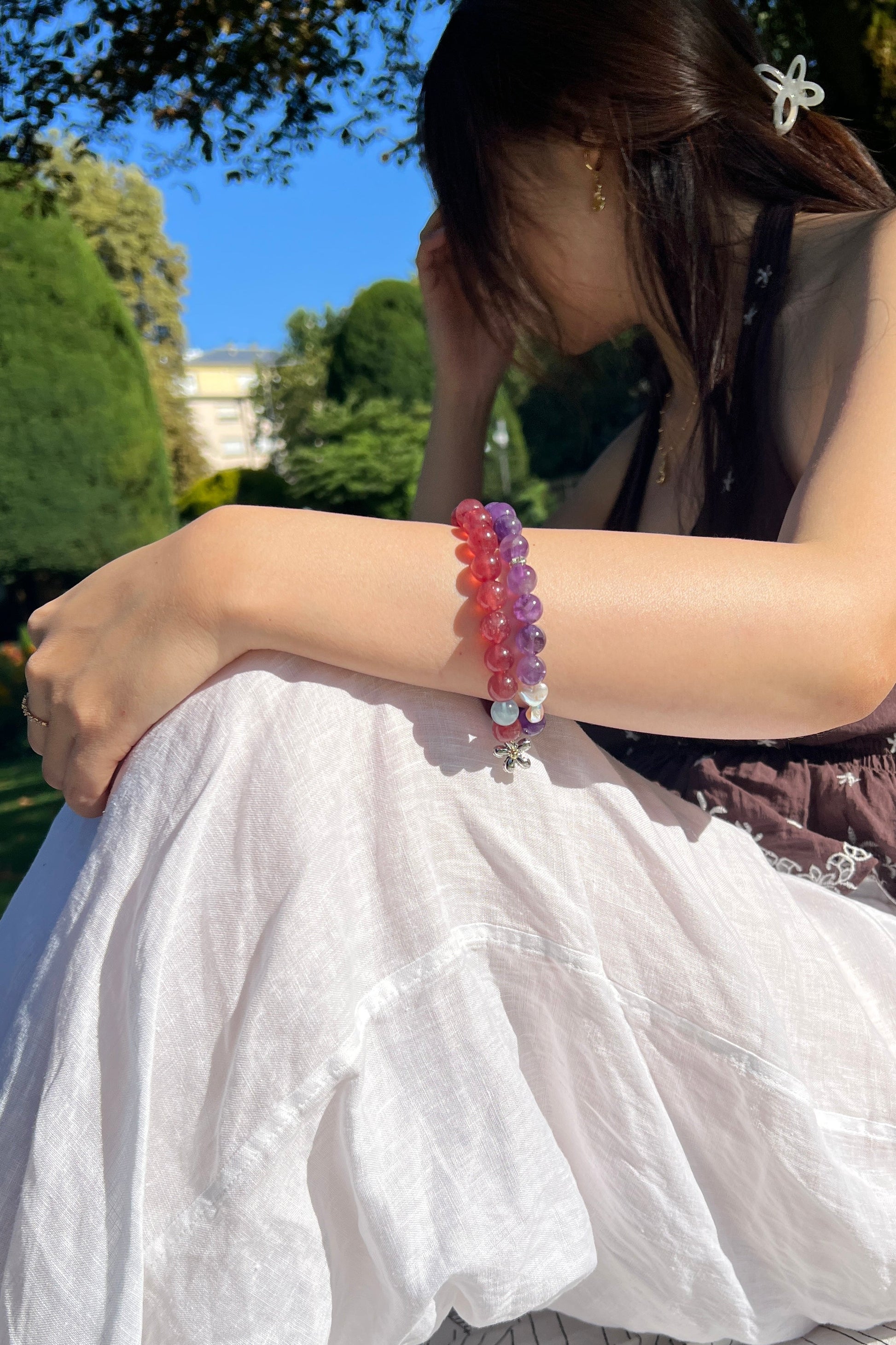 Red strawberry quartz, amethyst crystal bracelet, healing energy jewelry