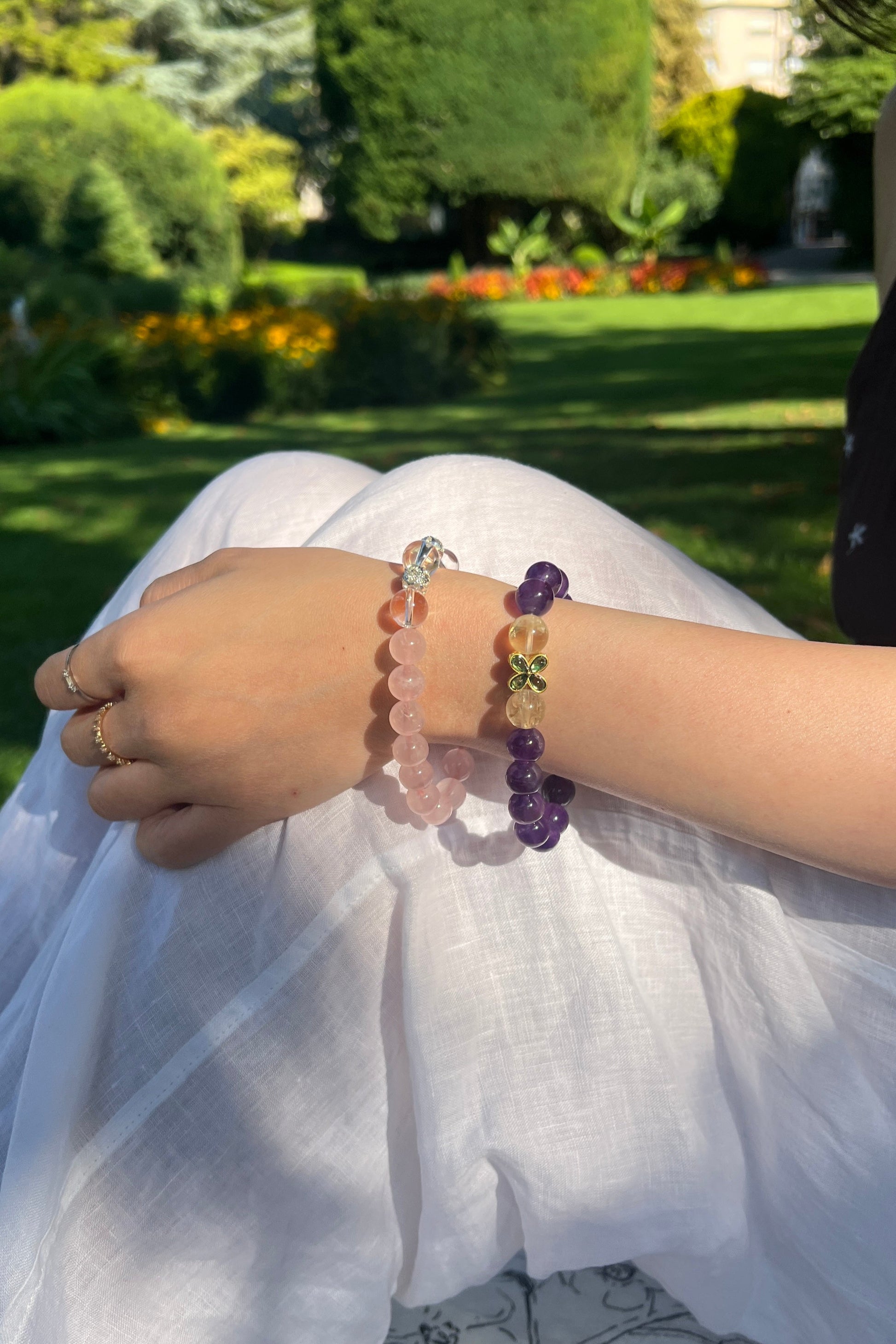 Rose quartz, amethyst crystal bracelet, healing energy jewelry