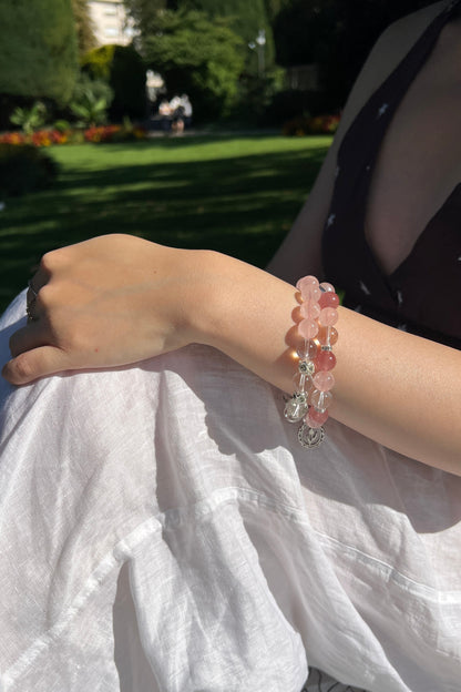Rose strawberry quartz, clear quartz crystal bracelet, healing energy jewelry