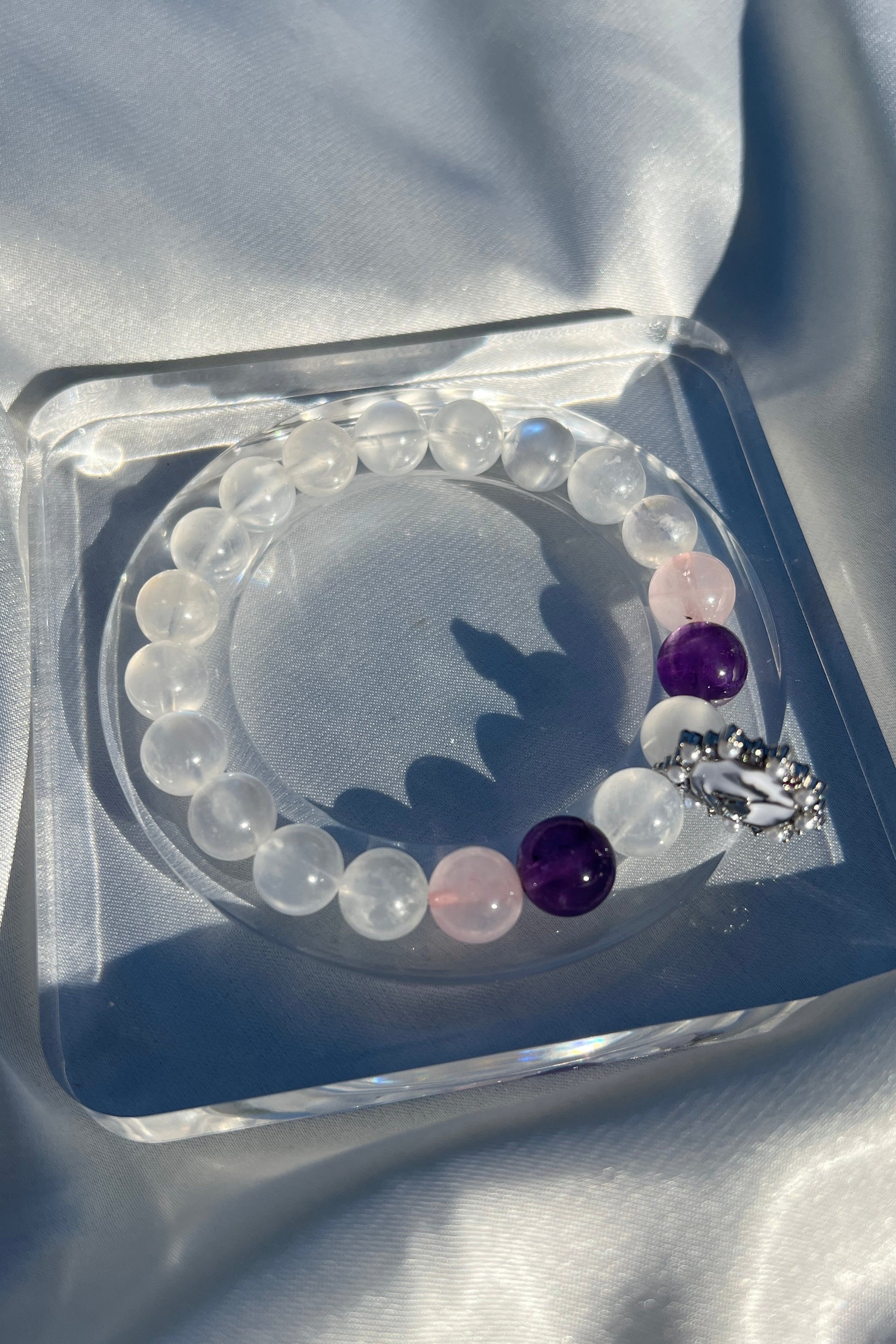 Handmade creamy bluemoon quartz crystal bracelet, beaded jewelry for healing energy and a thoughtful gift for her.