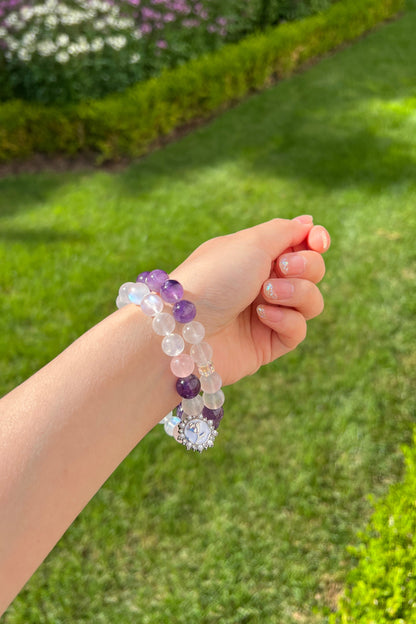 Bluemoon quartz, amethyst crystal bracelet, healing energy jewelry