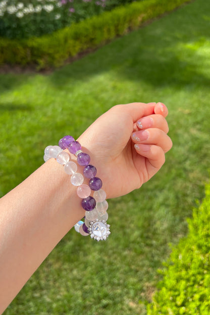 Bluemoon quartz, amethyst crystal bracelet, healing energy jewelry