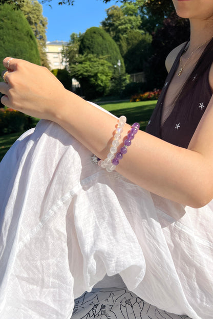 Bluemoon quartz, amethyst crystal bracelet, healing energy jewelry
