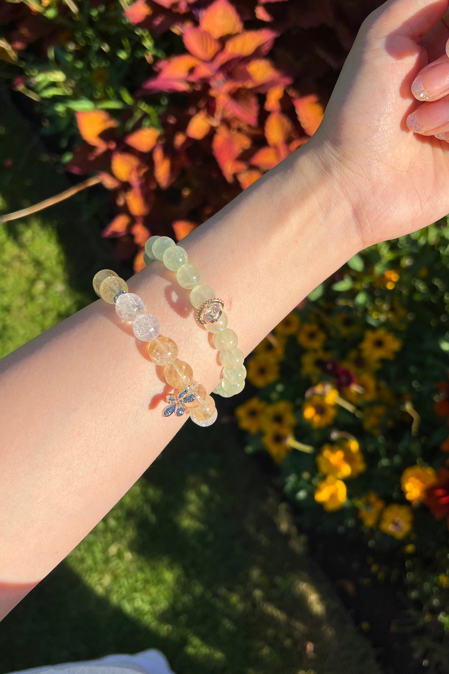 Yellow azeztulite, green grape quartz crystal bracelet, healing energy jewelry