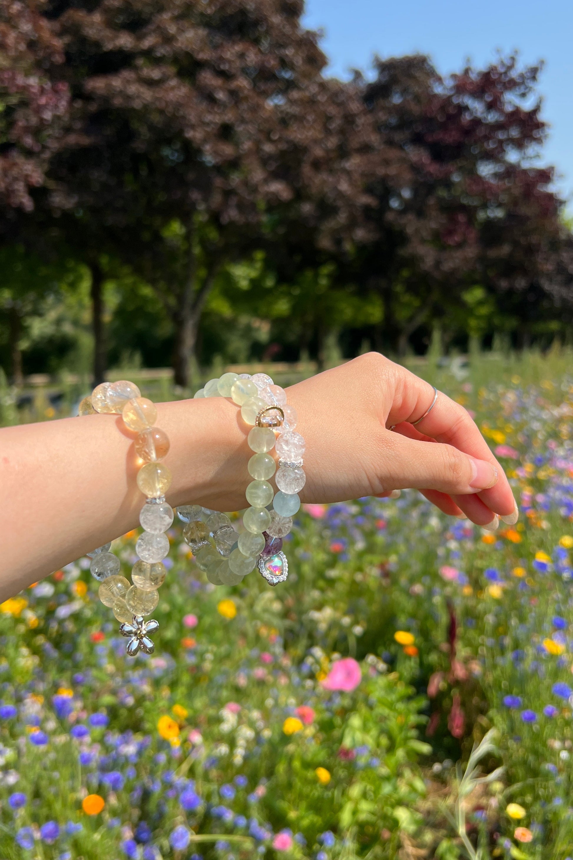 Yellow azeztulite, green grape quartz, clear azeztulite crystal bracelet, healing energy jewelry