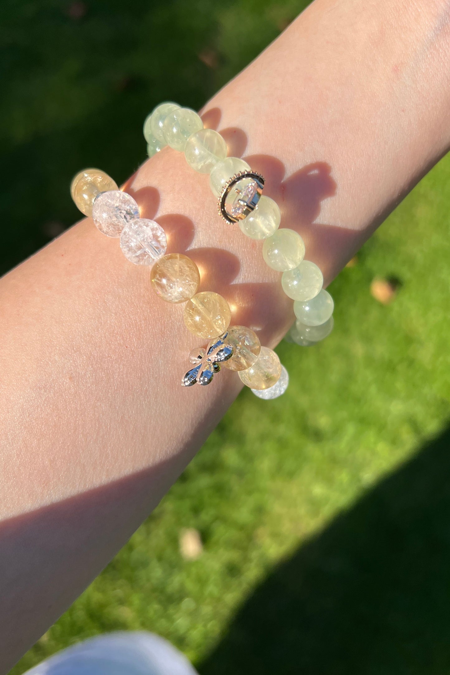 Yellow azeztulite, green grape quartz crystal bracelet, healing energy jewelry