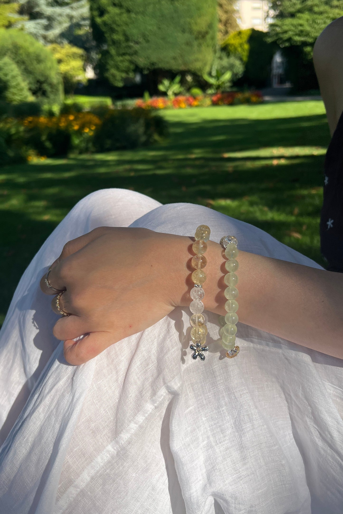 Yellow azeztulite, green grape quartz crystal bracelet, healing energy jewelry