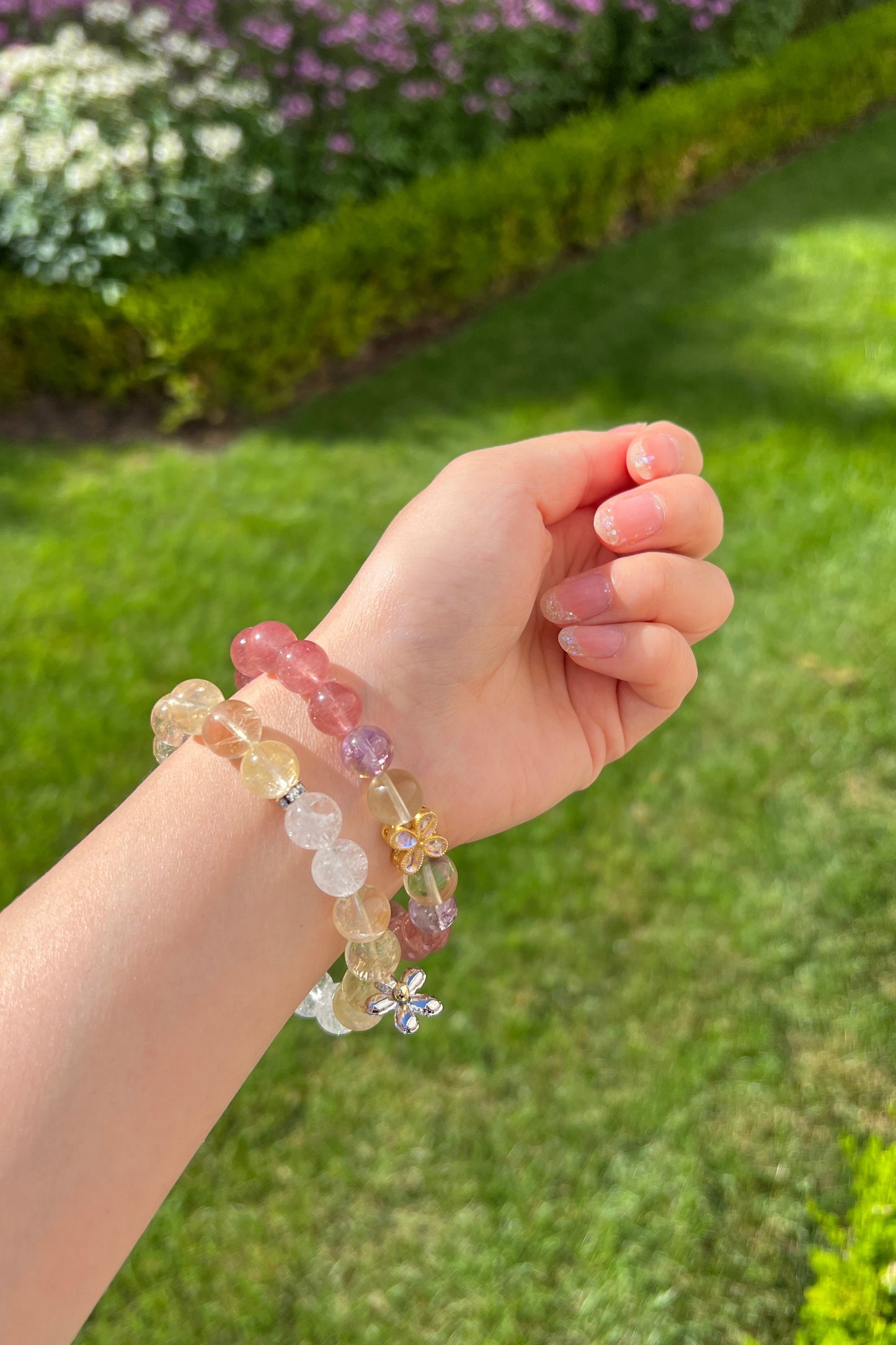 Yellow golden azeztulite, strawberry quartz crystal bracelet, healing energy jewelry