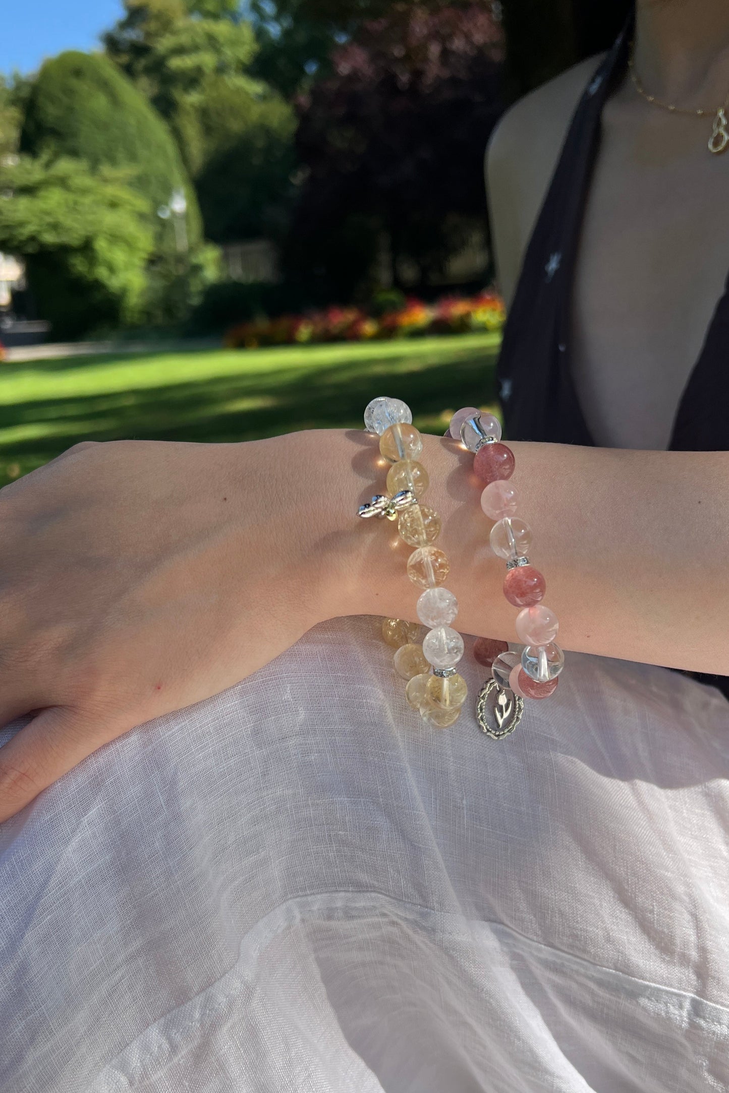 Yellow azeztulite, strawberry quartz crystal bracelet, healing energy jewelry