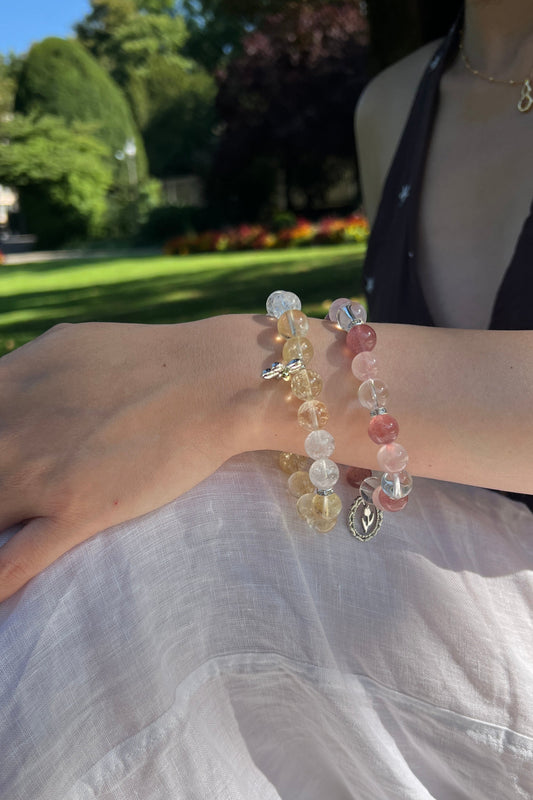 Yellow azeztulite, strawberry quartz crystal bracelet, healing energy jewelry