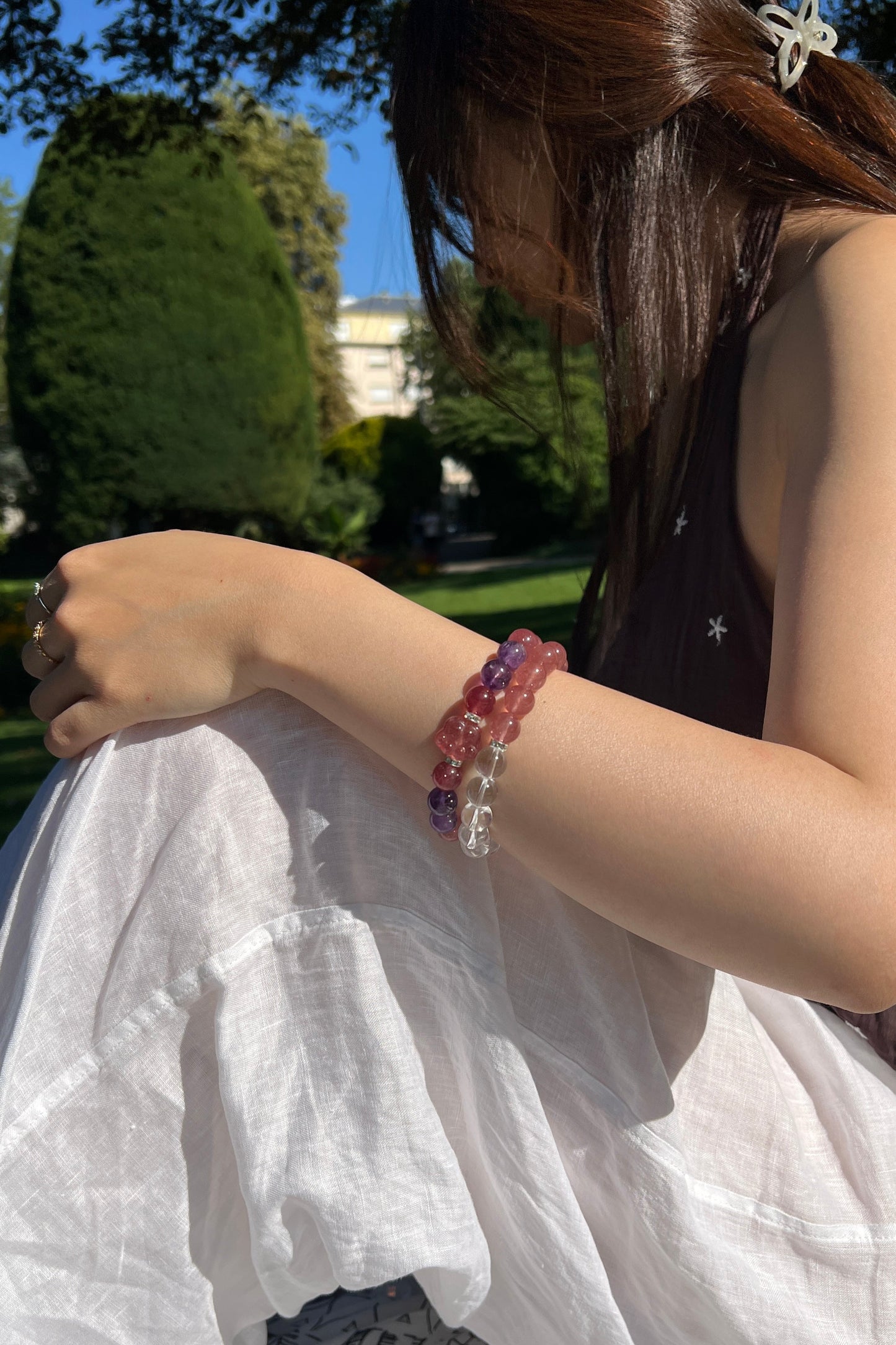 Clear quartz, strawberry quartz crystal bracelet, healing energy jewelry