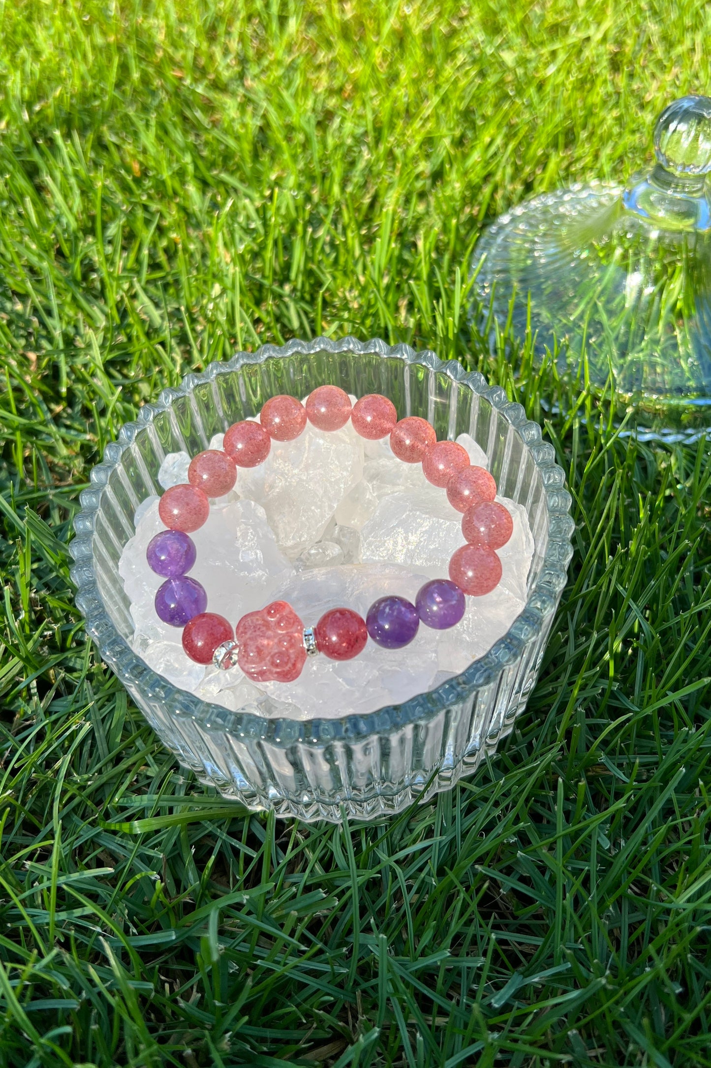 Handmade strawberry quartz, rose quartz crystal bracelet, beaded jewelry for healing energy and a thoughtful gift for her.