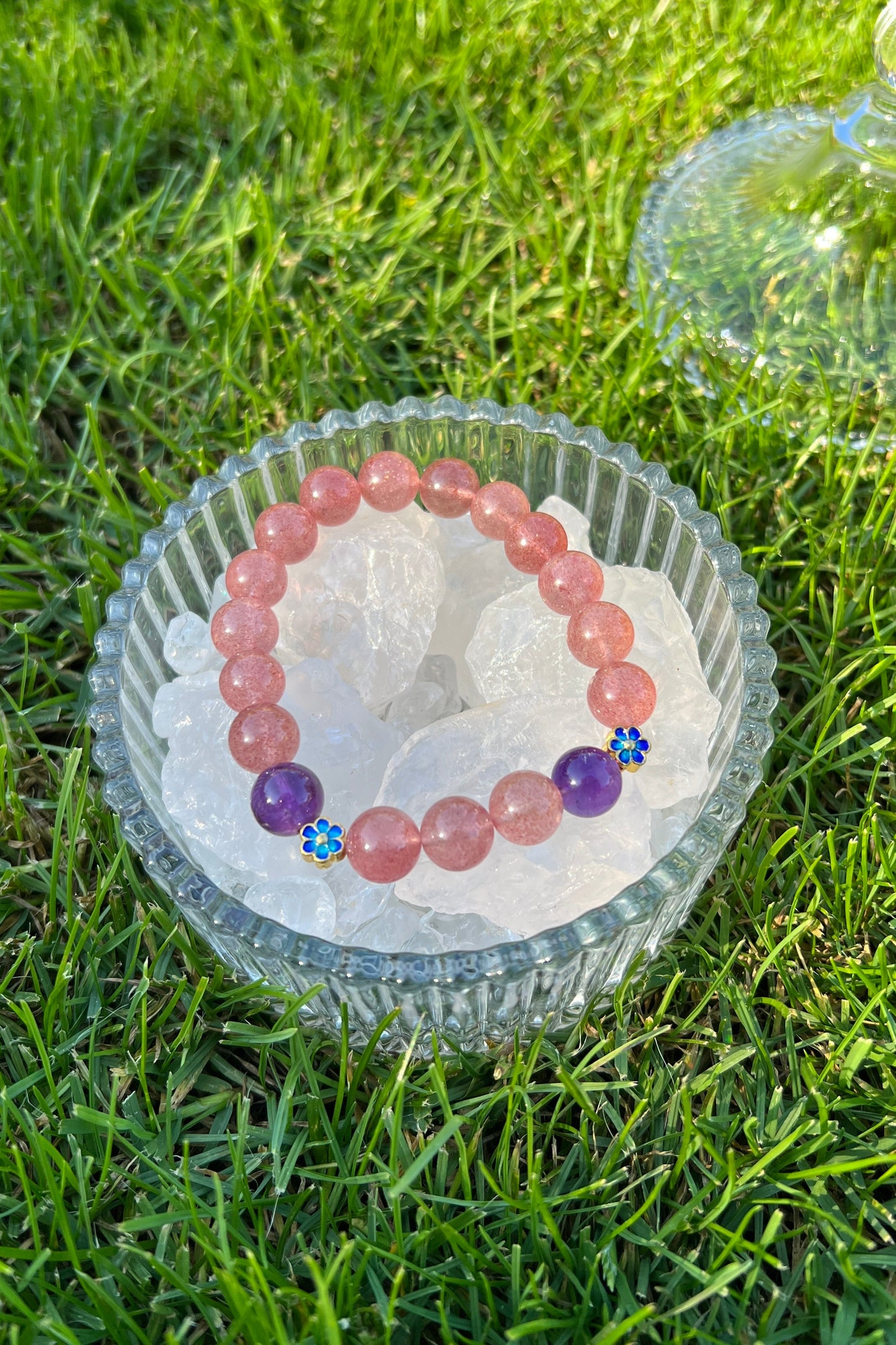 Handmade strawberry quartz crystal bracelet, beaded jewelry for healing energy and a thoughtful gift for her.