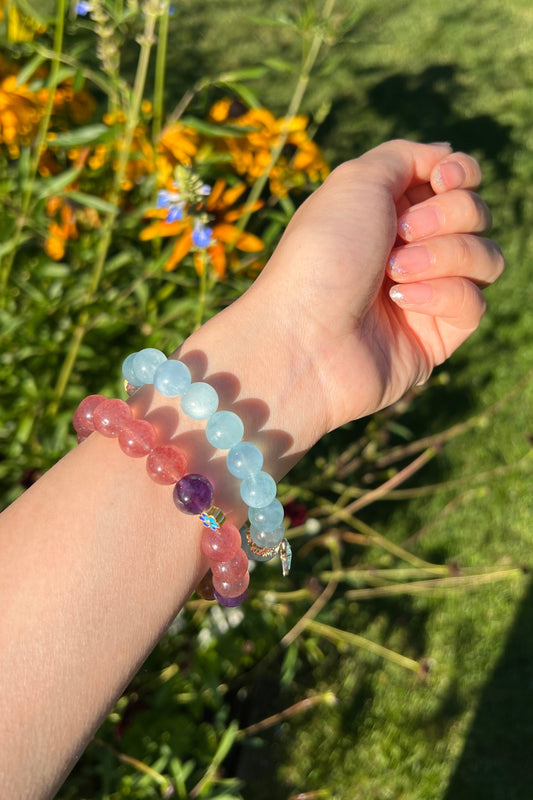 Red strawberry quartz, aquamarine crystal bracelet, healing energy jewelry