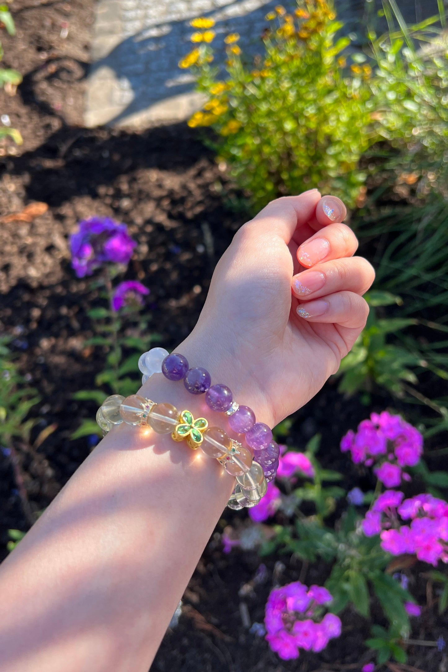 Golden quartz, amethyst crystal bracelet, healing energy jewelry