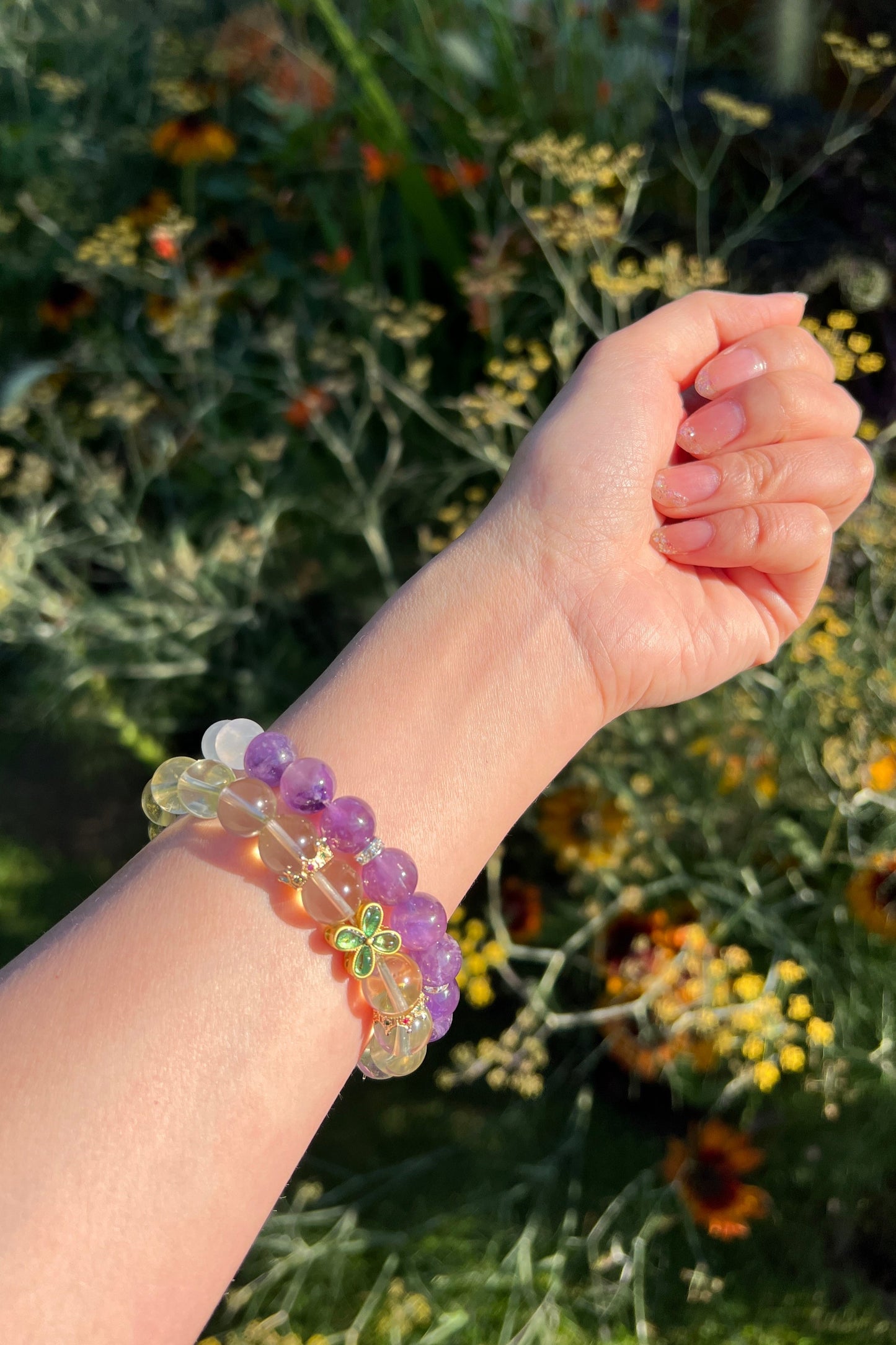 Golden quartz, amethyst crystal bracelet, healing energy jewelry