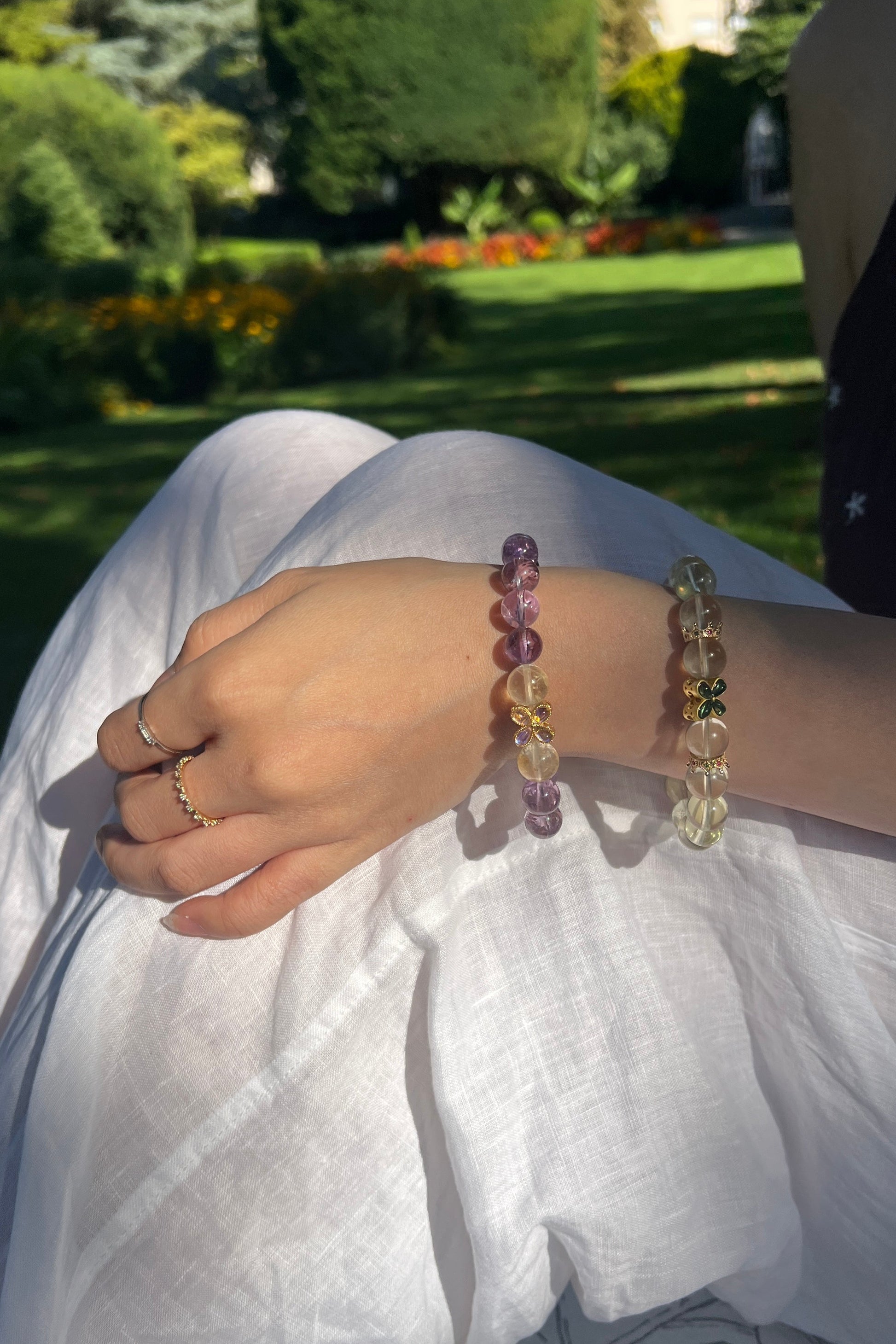 Purple azeztulite, yellow golden quartz crystal bracelet, healing energy jewelry