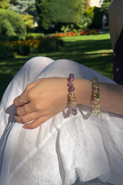 Purple azeztulite, yellow golden quartz crystal bracelet, healing energy jewelry