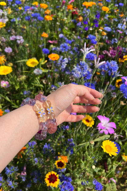 Purple azeztulite, strawberry quartz crystal bracelet, healing energy jewelry