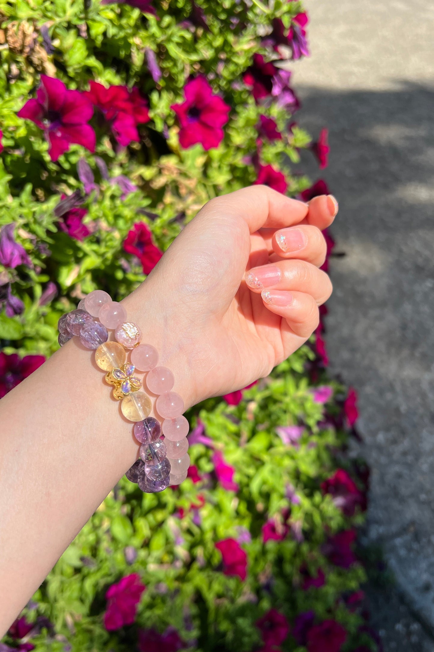 Purple azeztulite, rose quartz crystal bracelet, healing energy jewelry
