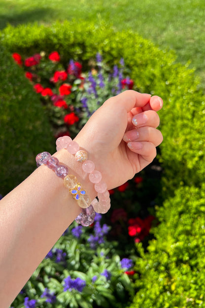 Purple azeztulite, rose quartz crystal bracelet, healing energy jewelry