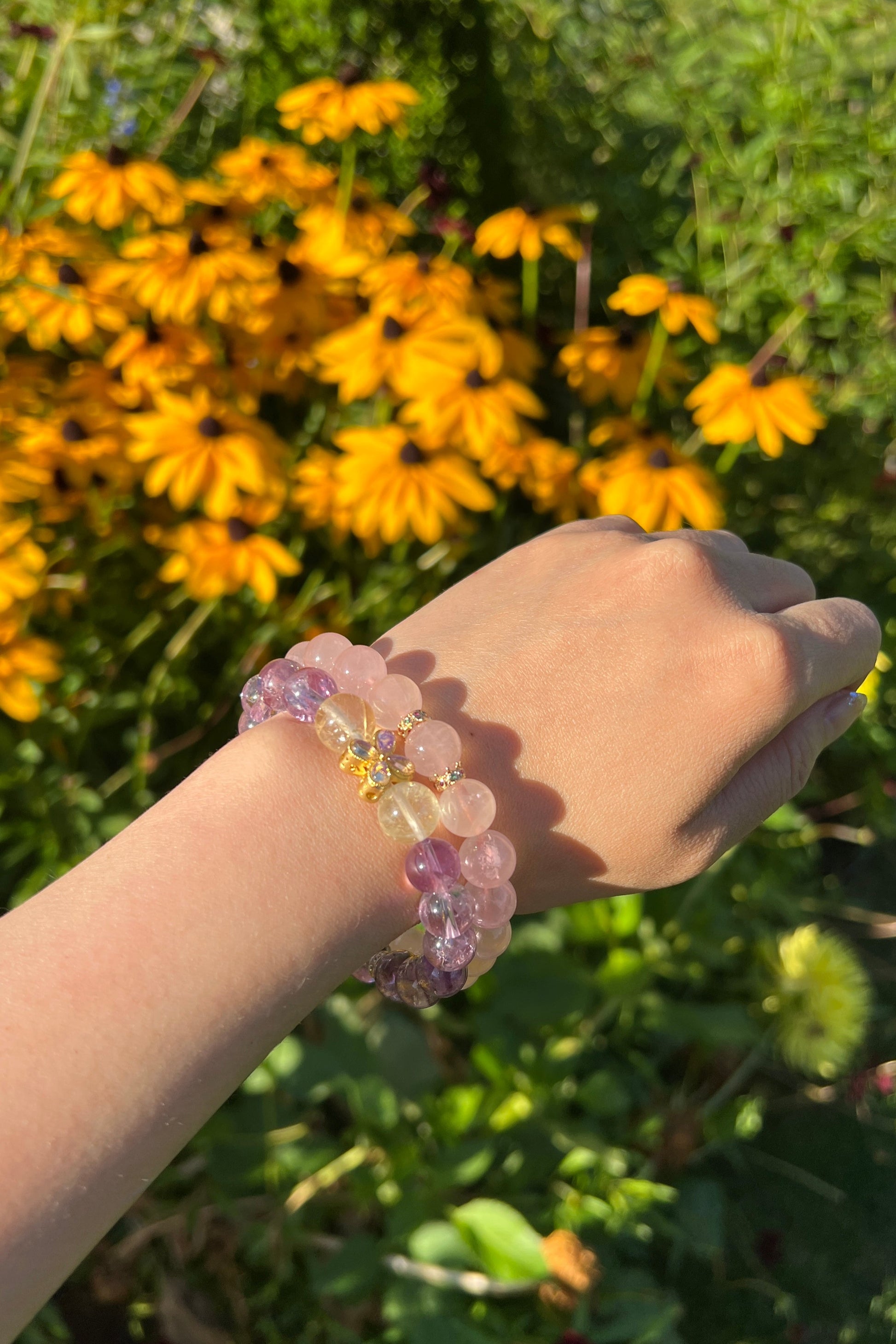 Purple azeztulite, rose quartz crystal bracelet, healing energy jewelry