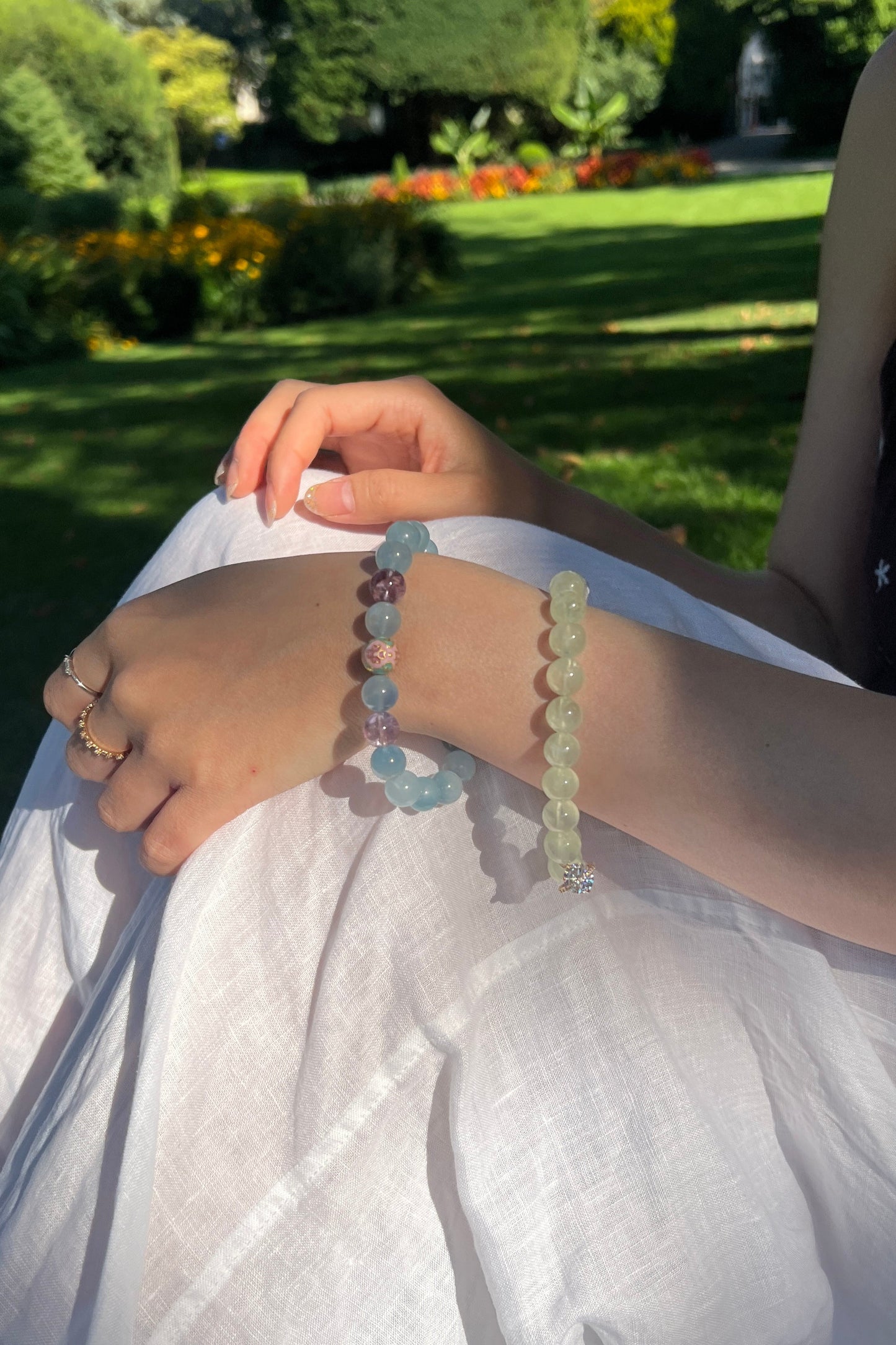 Aquamarine, green grape quartz crystal bracelet, healing energy jewelry