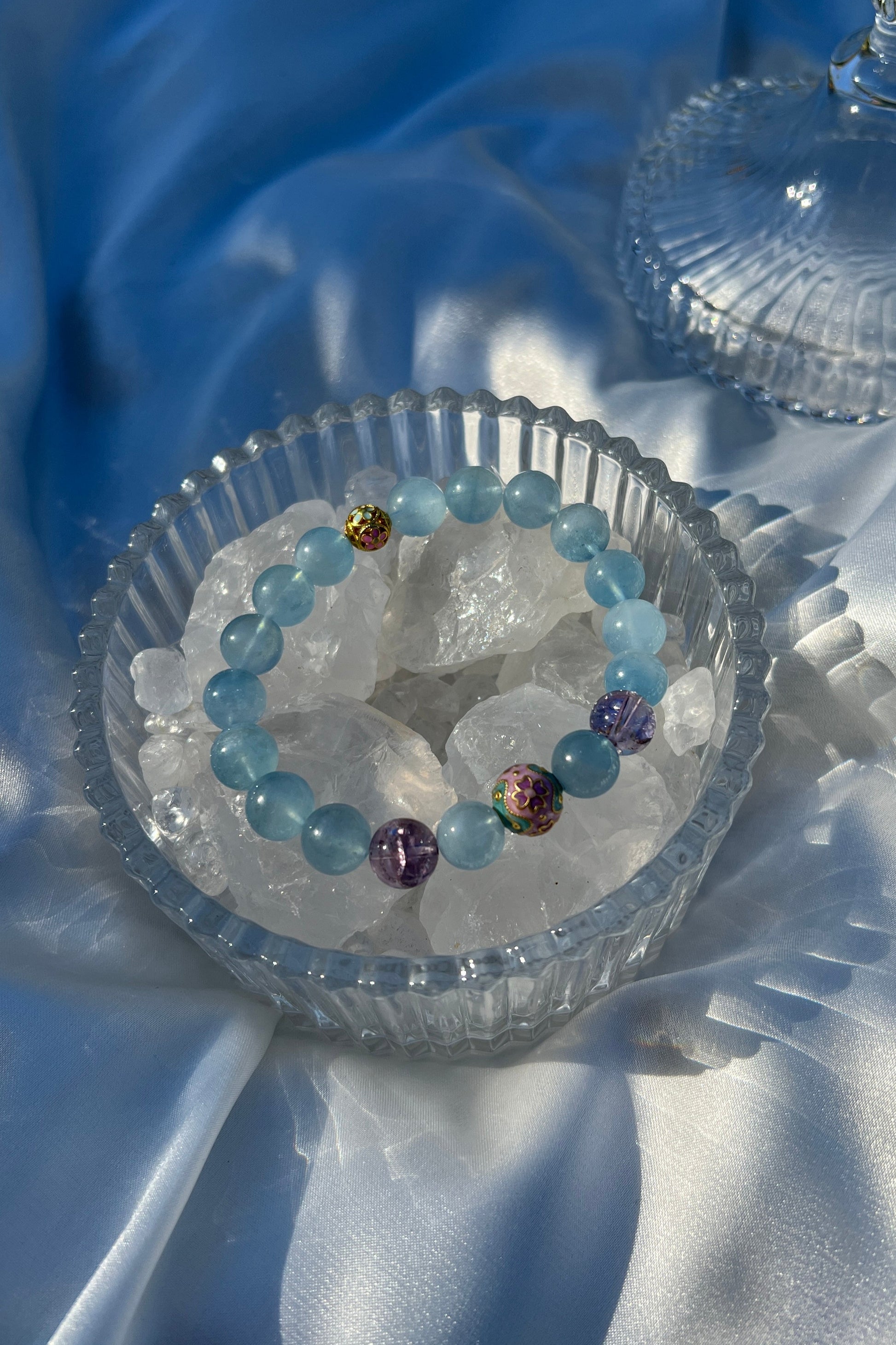 Handmade aquamarine, purple azeztulite crystal bracelet, beaded jewelry for healing energy and a thoughtful gift for her.
