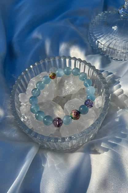 Handmade aquamarine, purple azeztulite crystal bracelet, beaded jewelry for healing energy and a thoughtful gift for her.