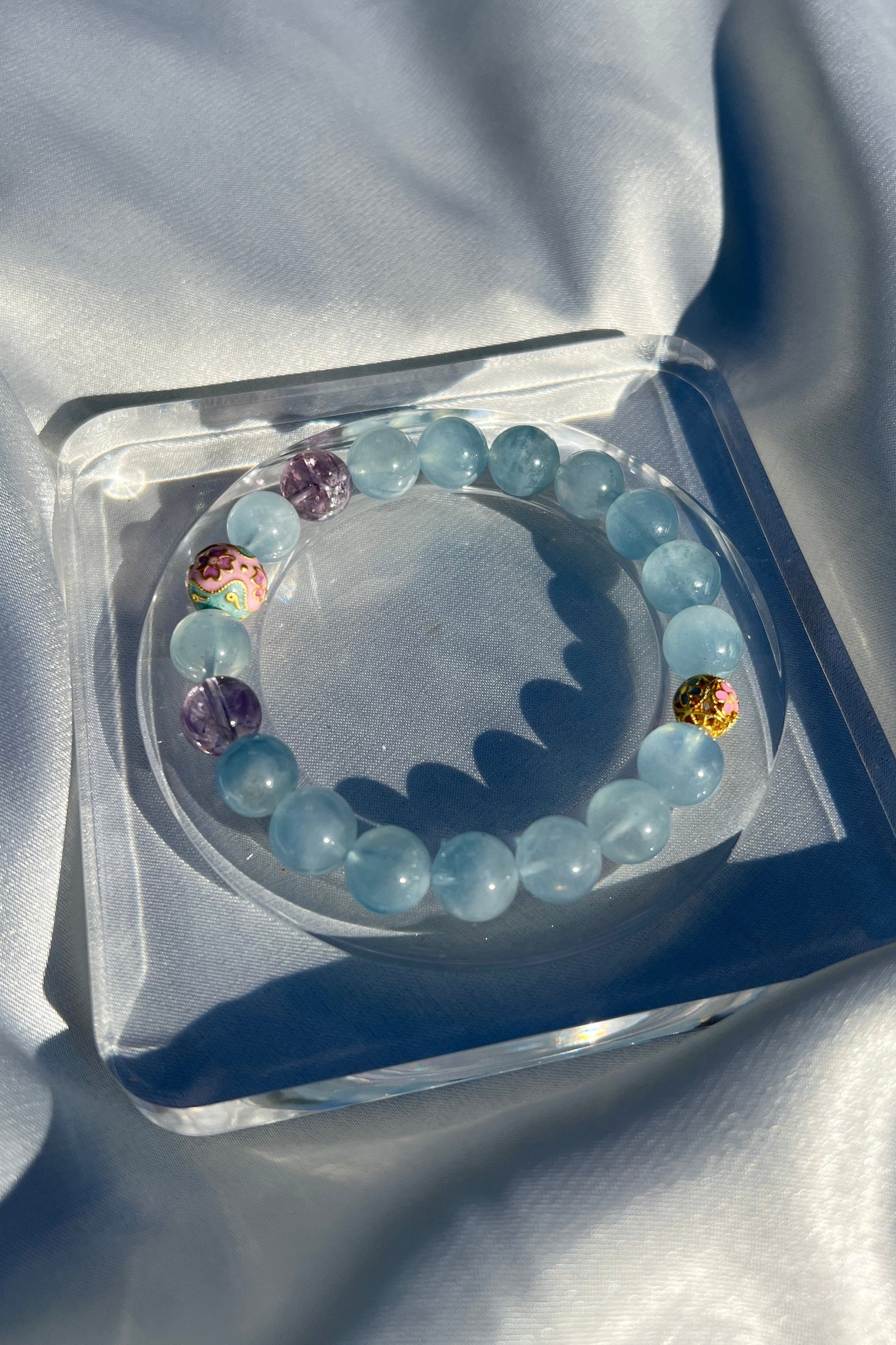 Handmade aquamarine, purple azeztulite crystal bracelet, beaded jewelry for healing energy and a thoughtful gift for her.