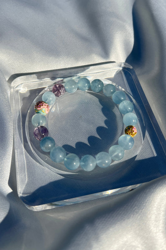 Handmade aquamarine, purple azeztulite crystal bracelet, beaded jewelry for healing energy and a thoughtful gift for her.