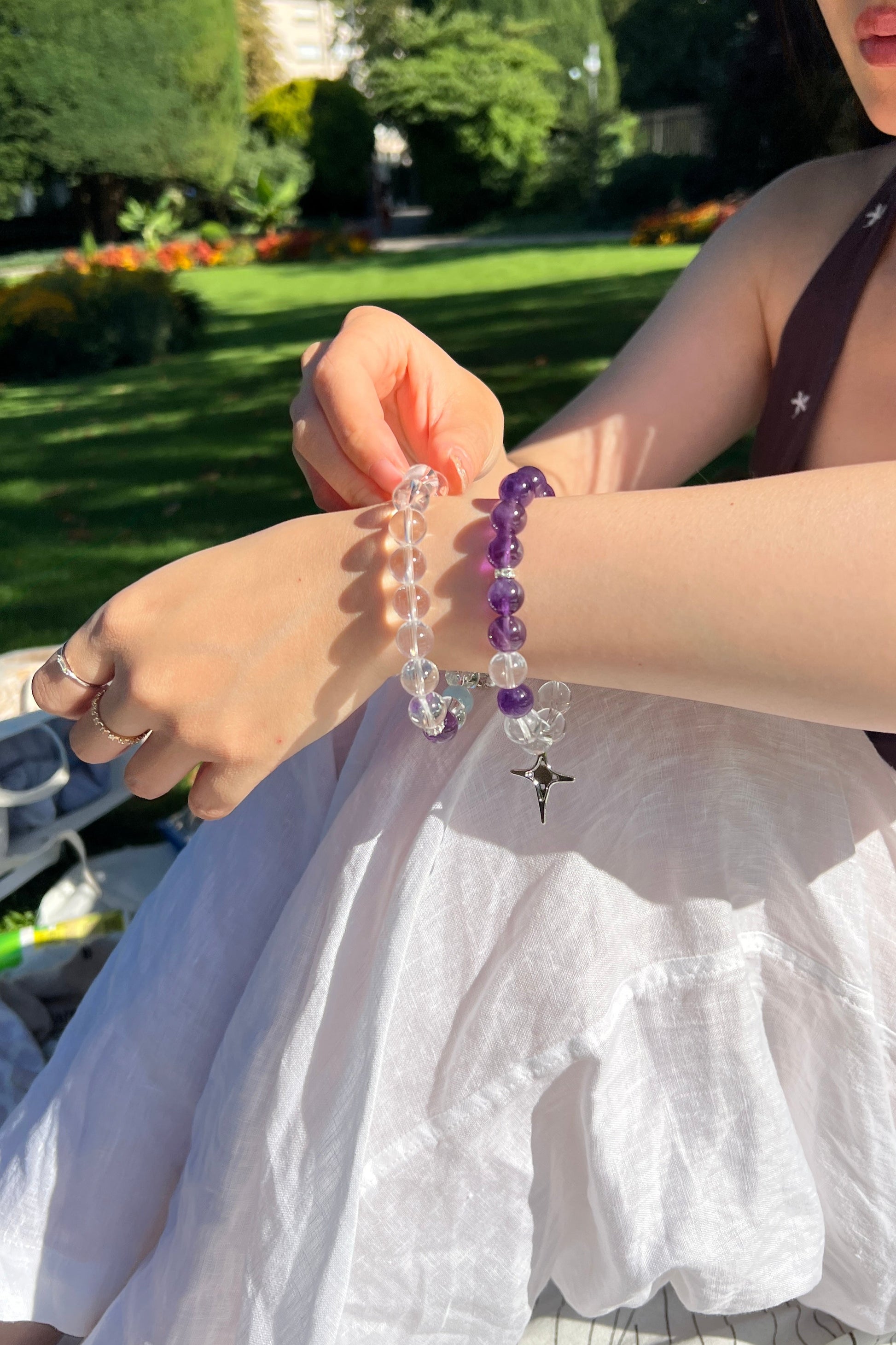 Clear quartz, amethyst crystal bracelet, healing energy jewelry