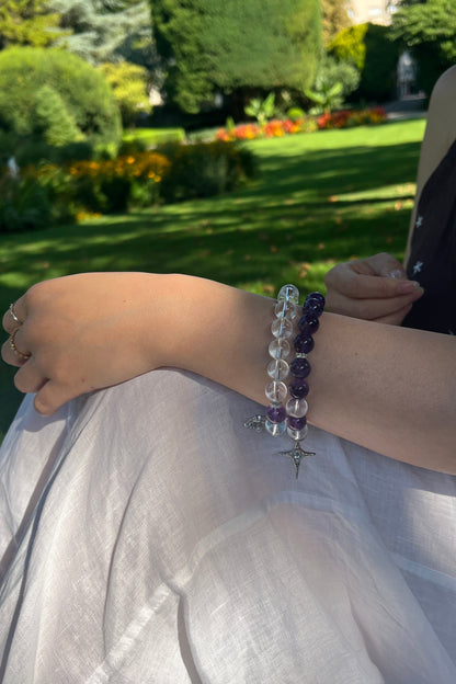 Clear quartz, amethyst crystal bracelet, healing energy jewelry