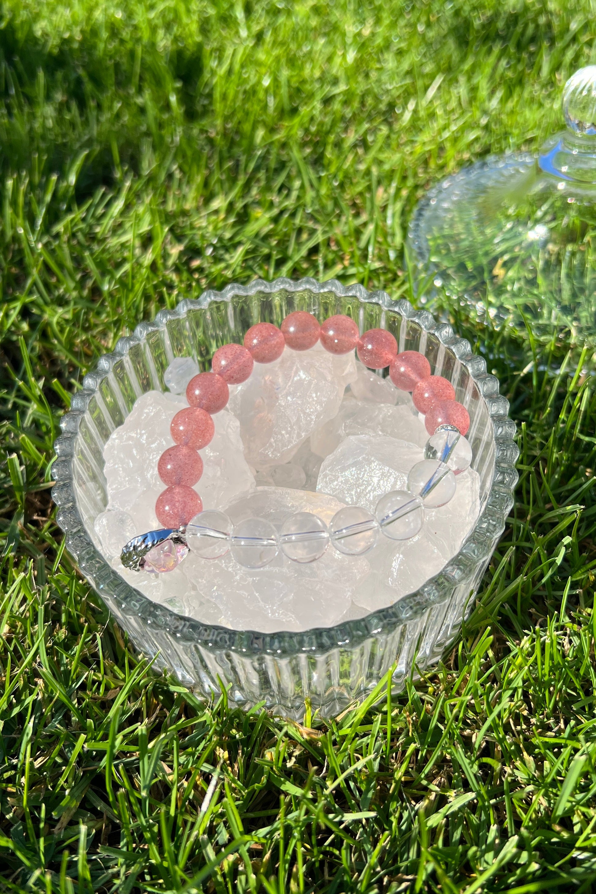 Handmade strawberry quartz, clear quartz crystal bracelet, beaded jewelry for healing energy and a thoughtful gift for her.