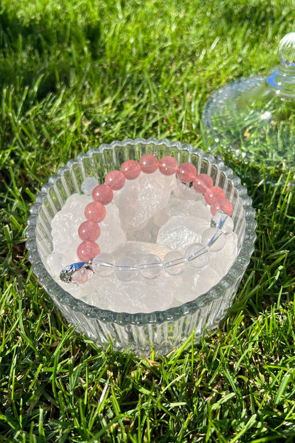 Handmade strawberry quartz, clear quartz crystal bracelet, beaded jewelry for healing energy and a thoughtful gift for her.