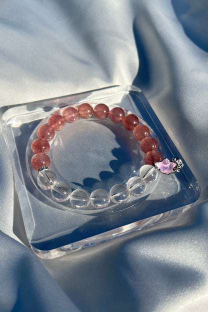 Handmade strawberry quartz, clear quartz crystal bracelet, beaded jewelry for healing energy and a thoughtful gift for her.