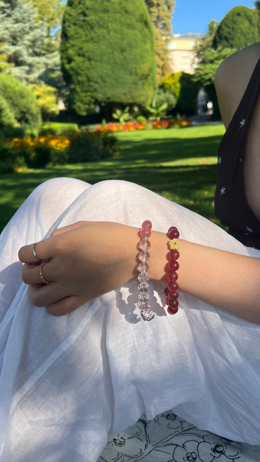 Clear quartz, rose quartz, strawberry quartz crystal bracelet, healing energy jewelry