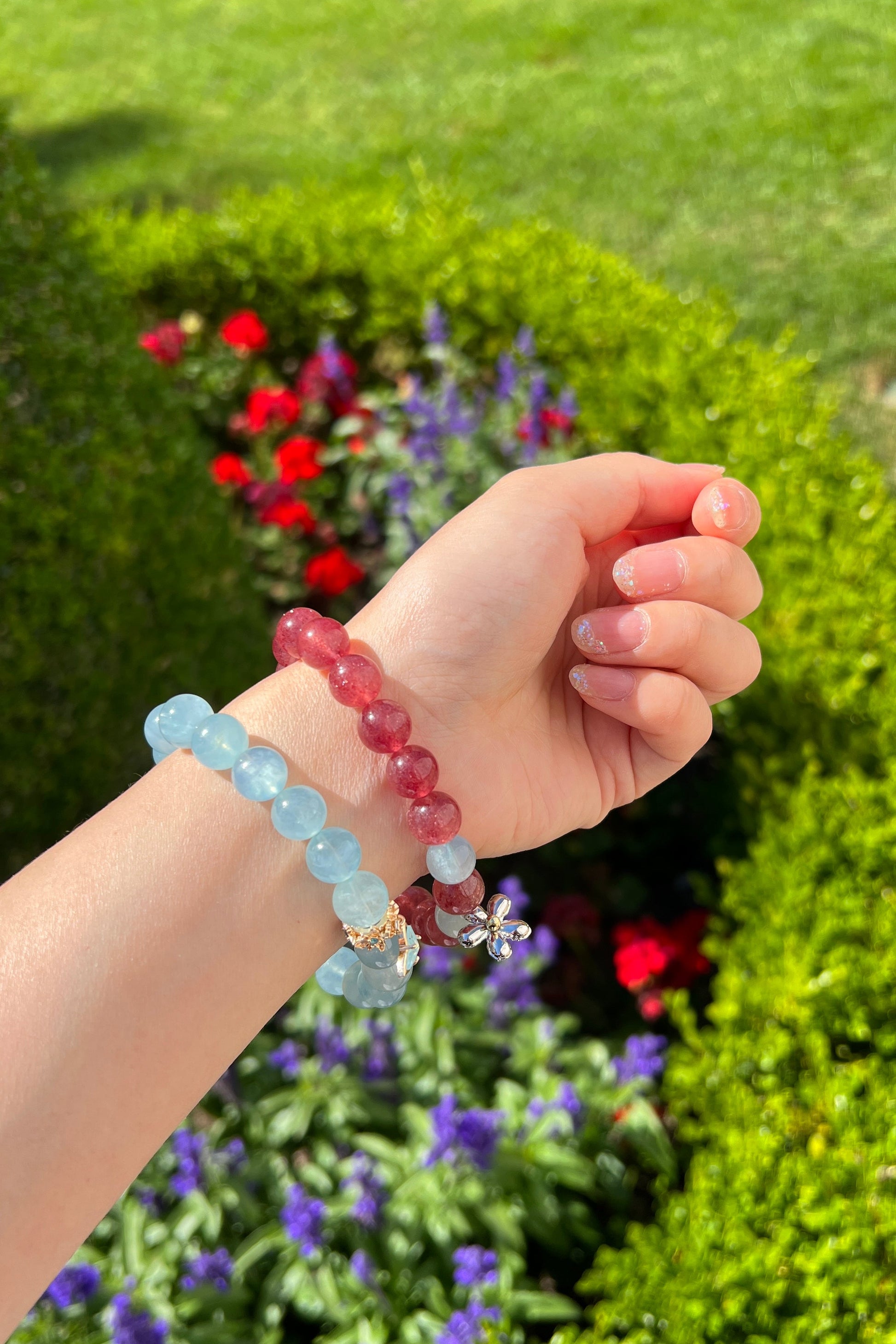 Aquamarine, red strawberry quartz crystal bracelet, healing energy jewelry