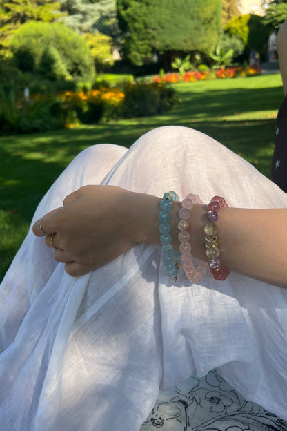 Aquamarine, rose quartz crystal bracelet, healing energy jewelry