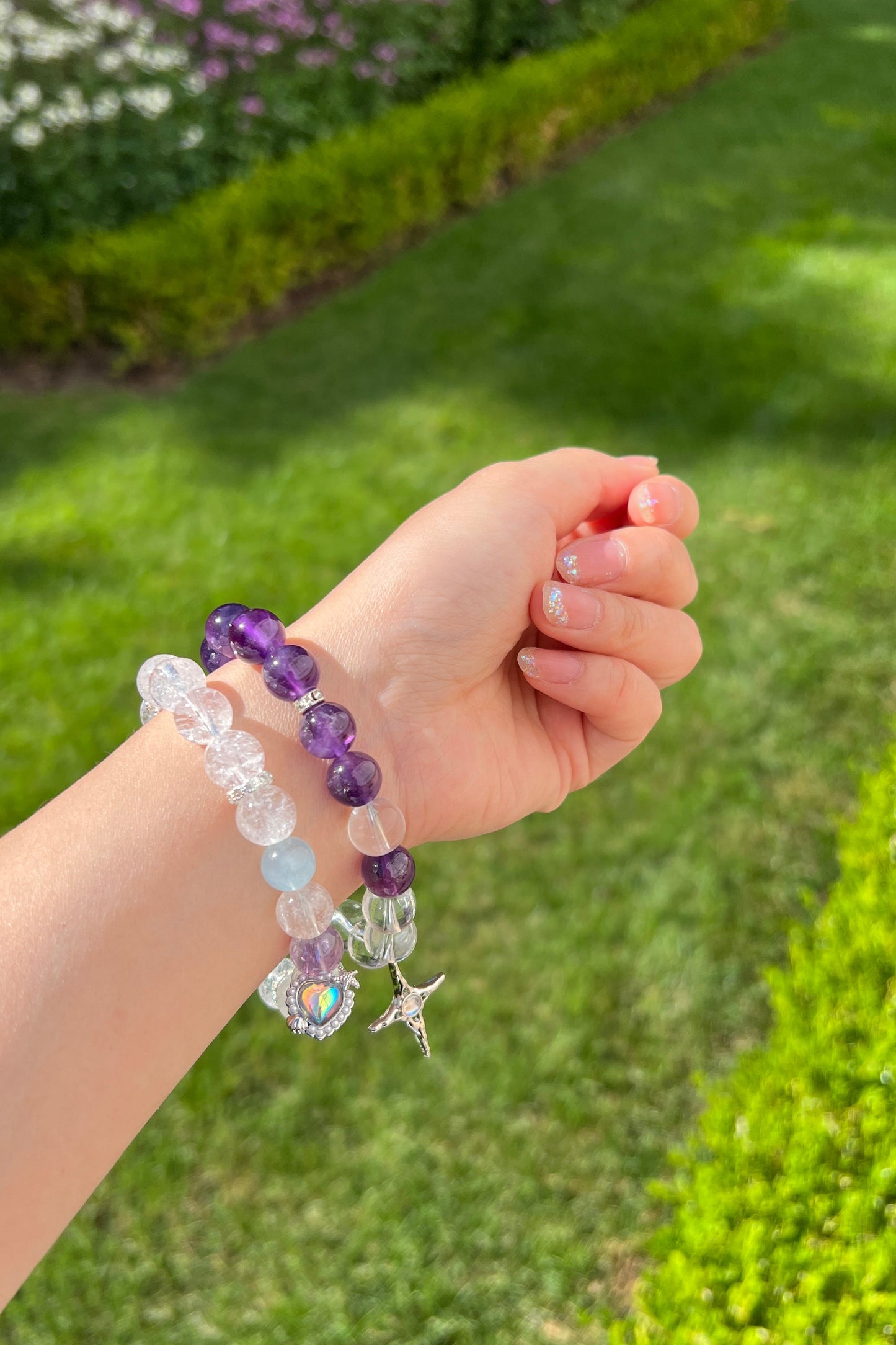 Clear azeztulite, amethyst crystal bracelet, healing energy jewelry