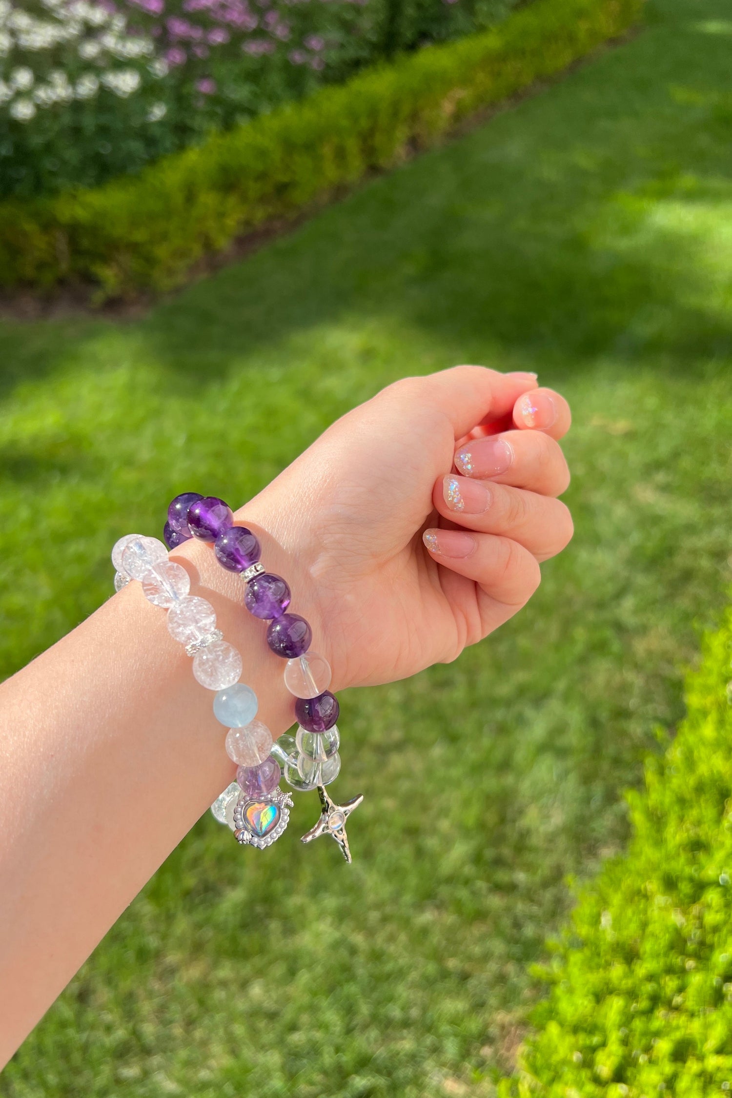 Clear azeztulite, amethyst crystal bracelet, healing energy jewelry